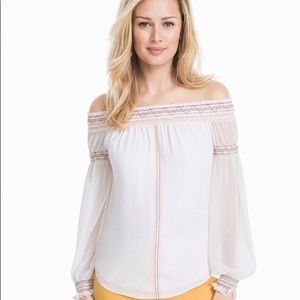 WHBM | White Sheer Lined Embroidered Off Shoulder
